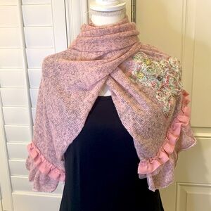 Pink knit scarf with teddy bear fabric appliqué and ruffles